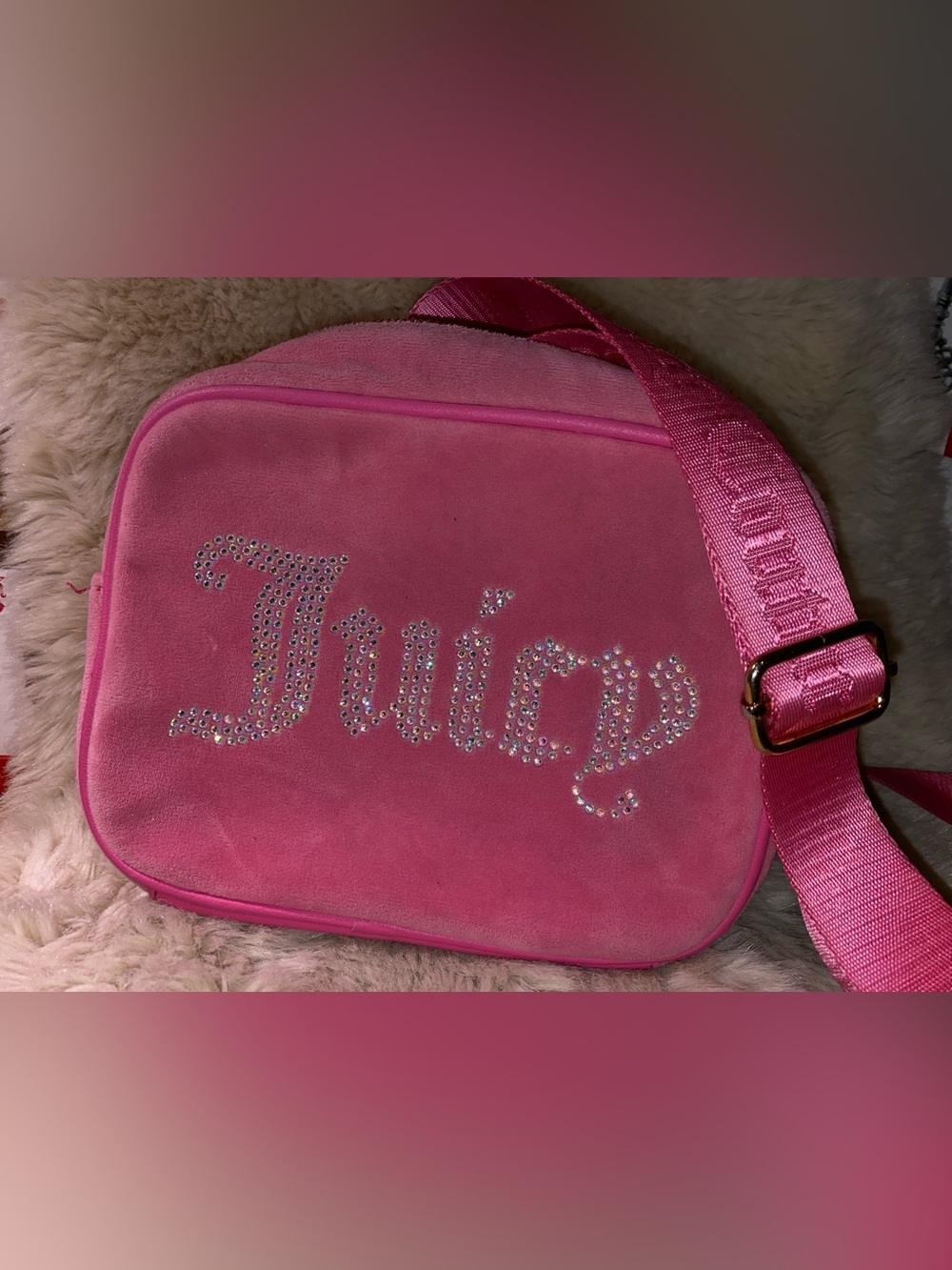 Y2K Colorful Candy Juicy Couture Hot Pink Velour Crossbody with Crystal Logo